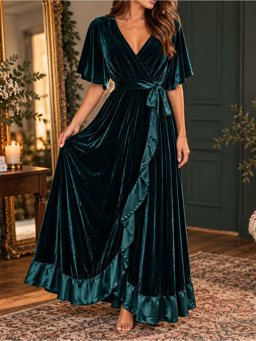 20W | Danny & Nicole | Forest Green Velvet Wrap Maxi Dress